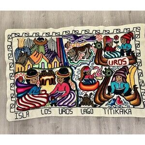 Vintage Peruvian Textile Folk Art Embroidered Wall Hanging Tapestry 37.5 X 25.5